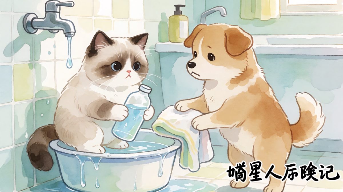 布偶猫打翻水瓶反掉进水盆