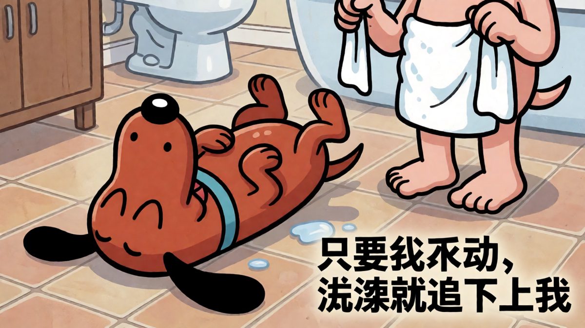 狗狗：只要躺得够平，澡就淋不到我！