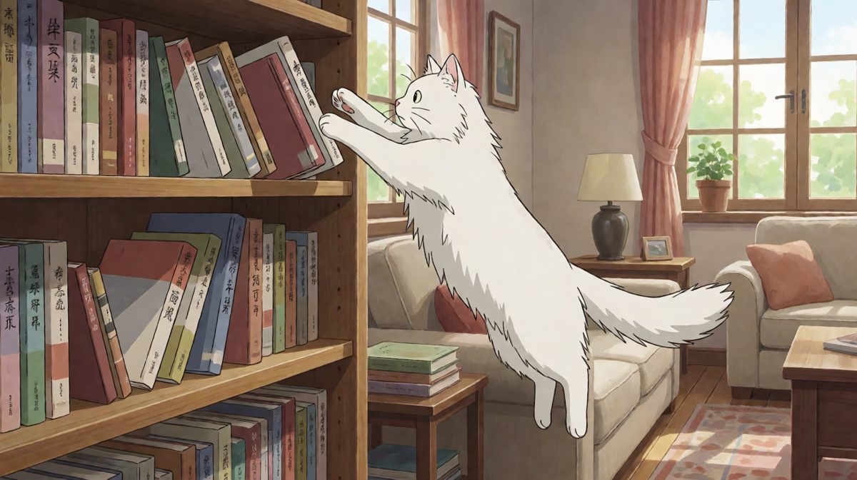书架太高，猫咪也翻车了！