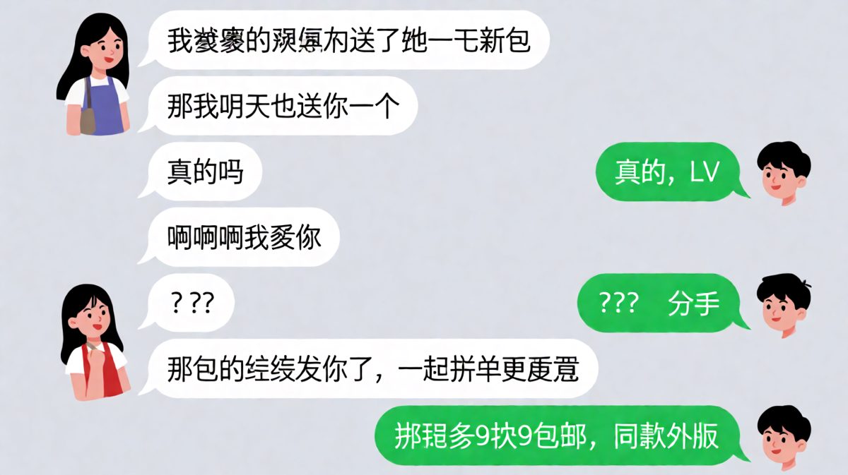 送包承诺秒变拼单现场，男生的精打细算让女友彻底无语