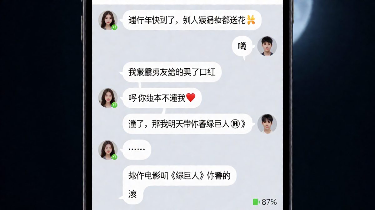 女生暗示要礼物，男生用'绿巨人'精准偏航，把浪漫灾难变成电影安利现场