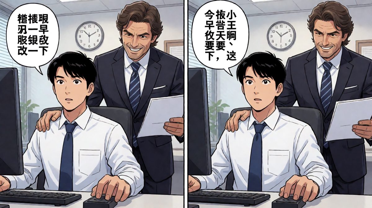 第二格：老板突然出现，'顺手'交来紧急任务