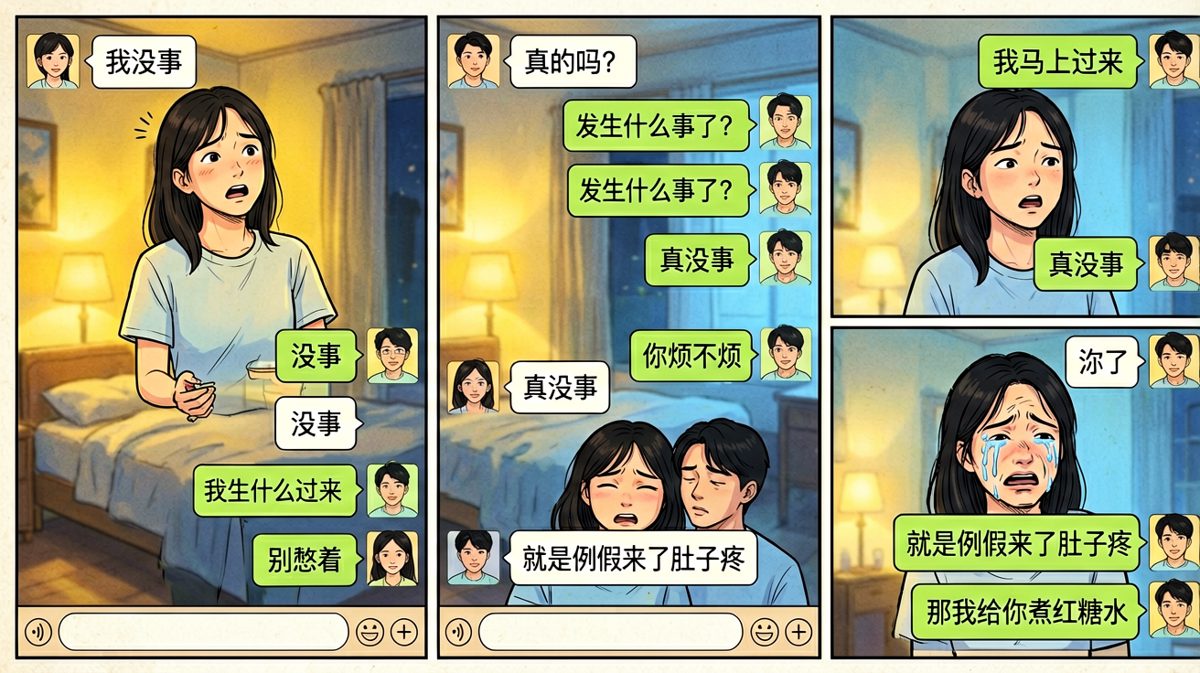 三个字'我没事'让男生脑补了一整部灾难片，真相却让人哭笑不得。