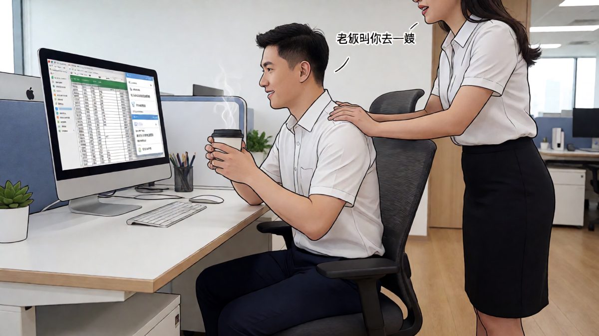 第三格：正在摸鱼时，同事传来老板召唤的噩耗