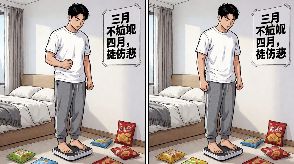 主角站上体重秤，咬牙切齿立下减肥誓言。
