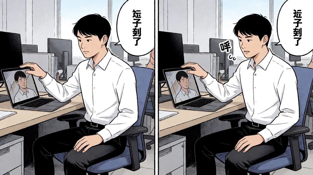 历经千辛万苦终于到公司，主角欣慰地坐下