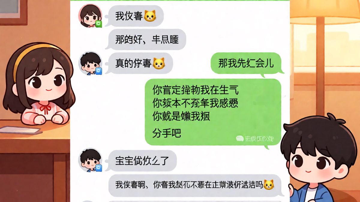 图二：'我没事'翻译成男生的版本叫'快完蛋了'