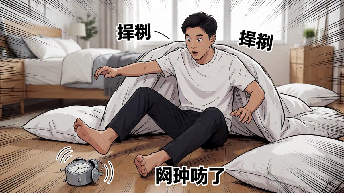 成功关闹钟，但代价是摔下床。