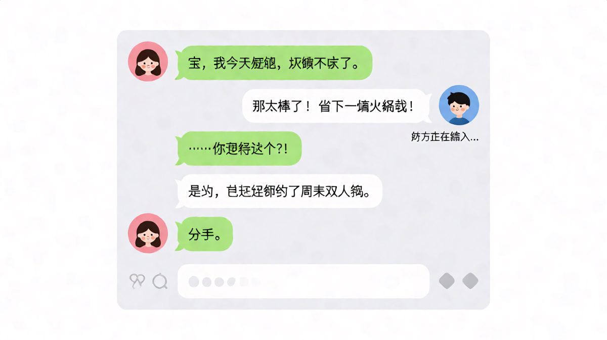 女生说要减肥，男生的注意力全在火锅上