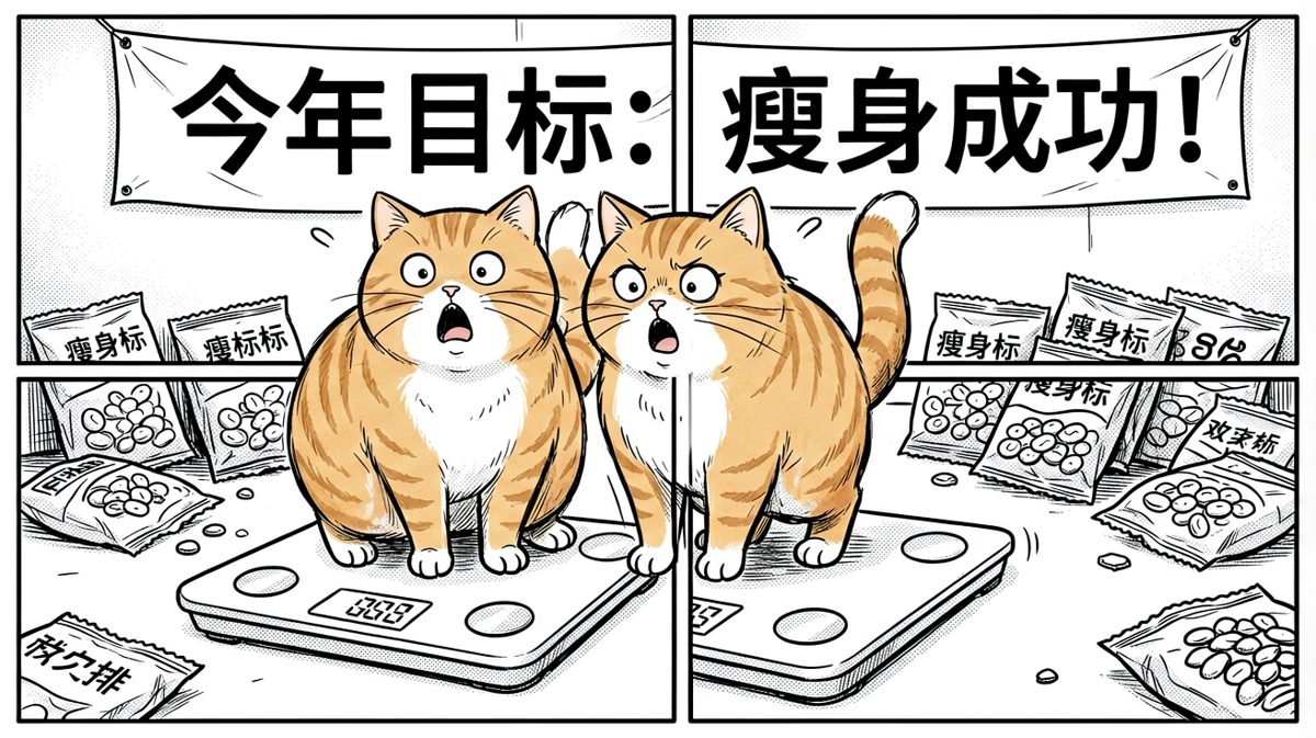 第一格：猫咪称体重，被数字吓到瞳孔地震。