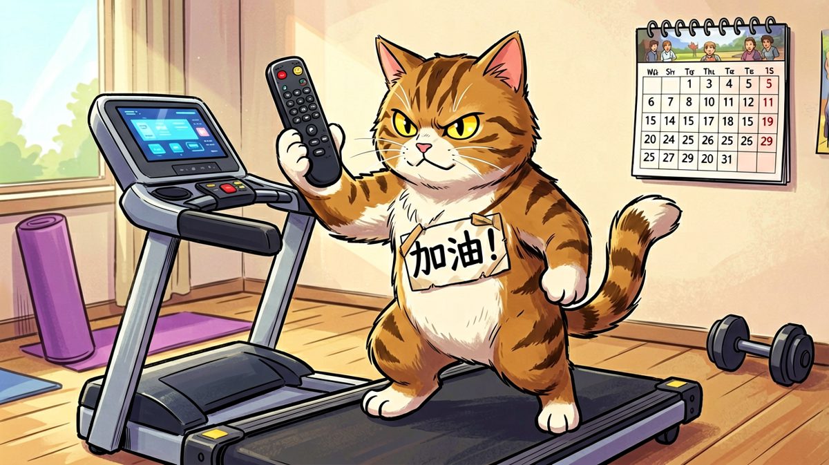 第二格：猫咪装备齐全，立下flag准备开始健身。
