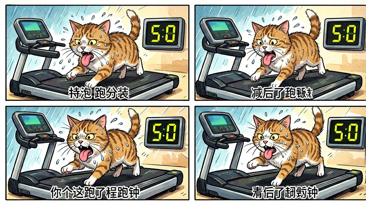 第三格：没跑五分钟就累瘫，痛苦面具戴上。