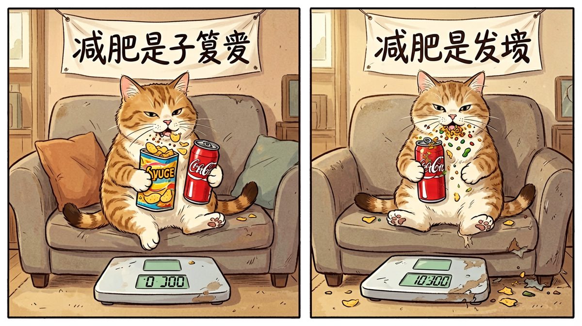 第四格：算了，吃饱才有力气减肥，继续吃吧。