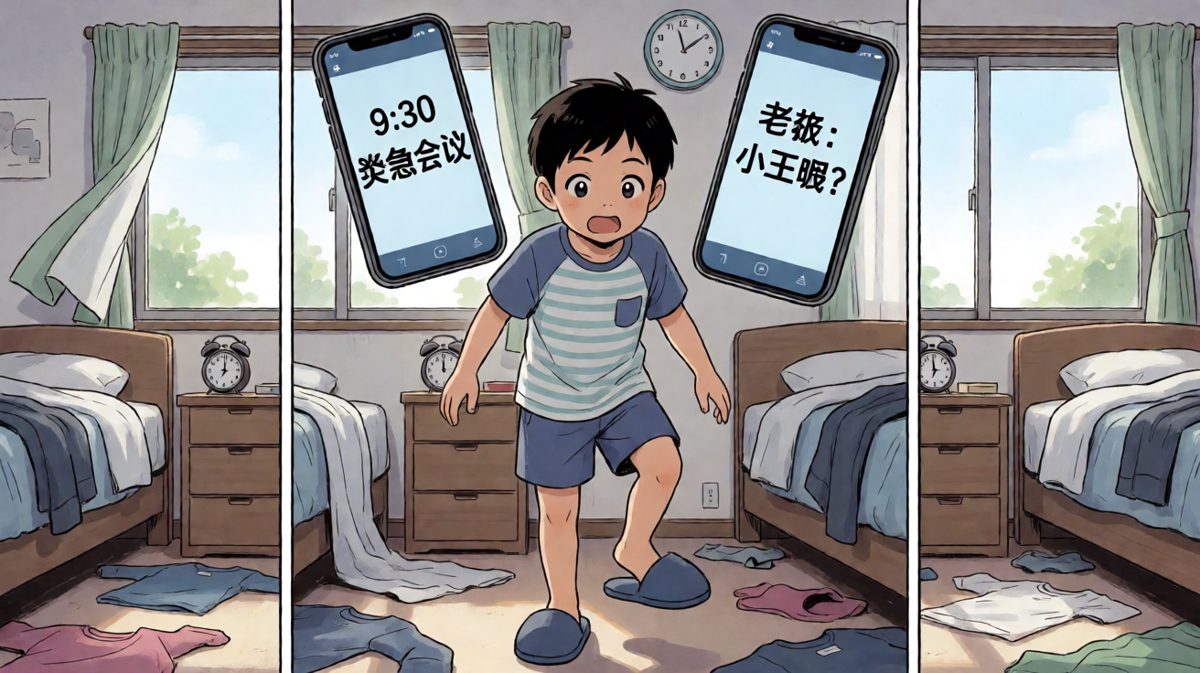 第三格：一边找衣服一边刷着牙，脑子已经开始宕机