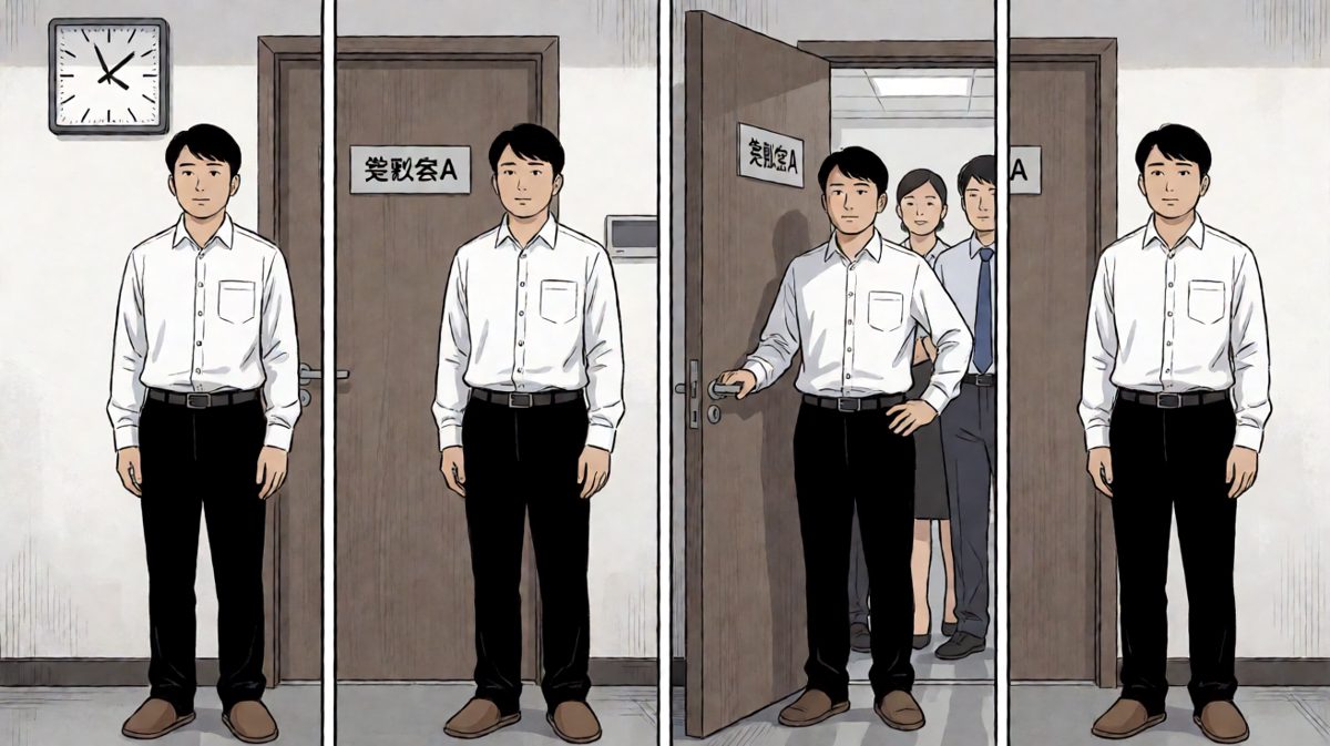 第四格：穿着反衣叼着牙刷出现在会议室门口