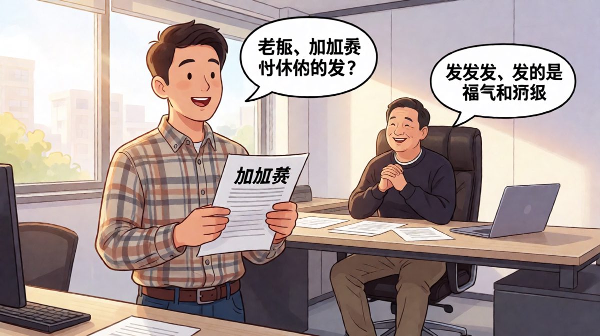 员工问加班费，老板回答"发的是福气"——职场经典反问反转。