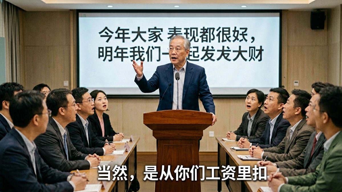 老板：明年一起发大财 → 从你们工资里扣，全场石化