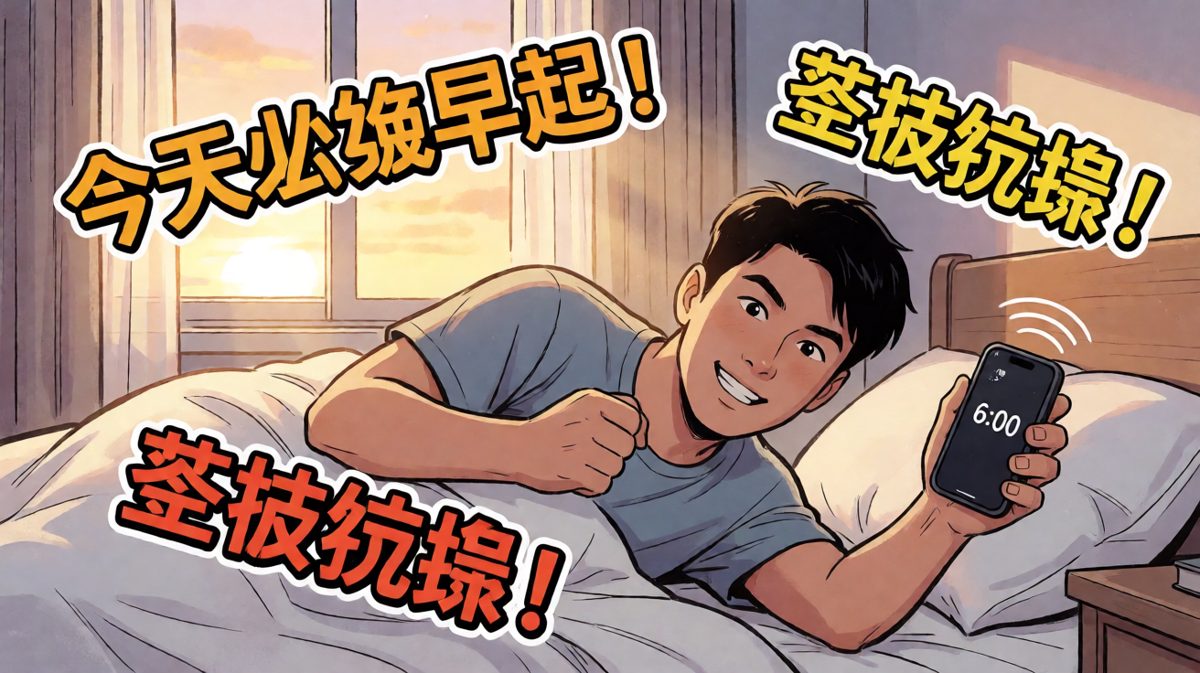 雄心壮志，清晨6点闹钟响起，主角下定决心要改变人生