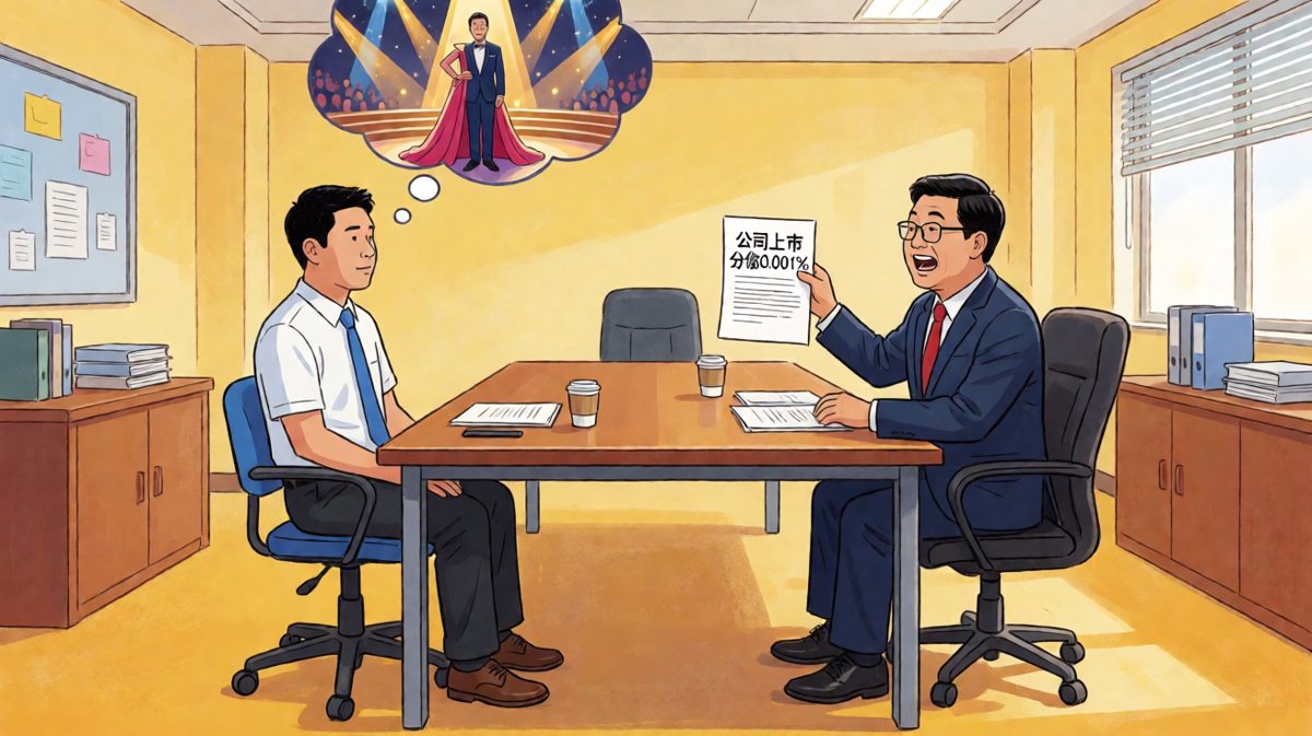 员工问什么时候涨工资，老板深情地说：'公司上市那天，你就是元老！'——然后递上了那0.001%。