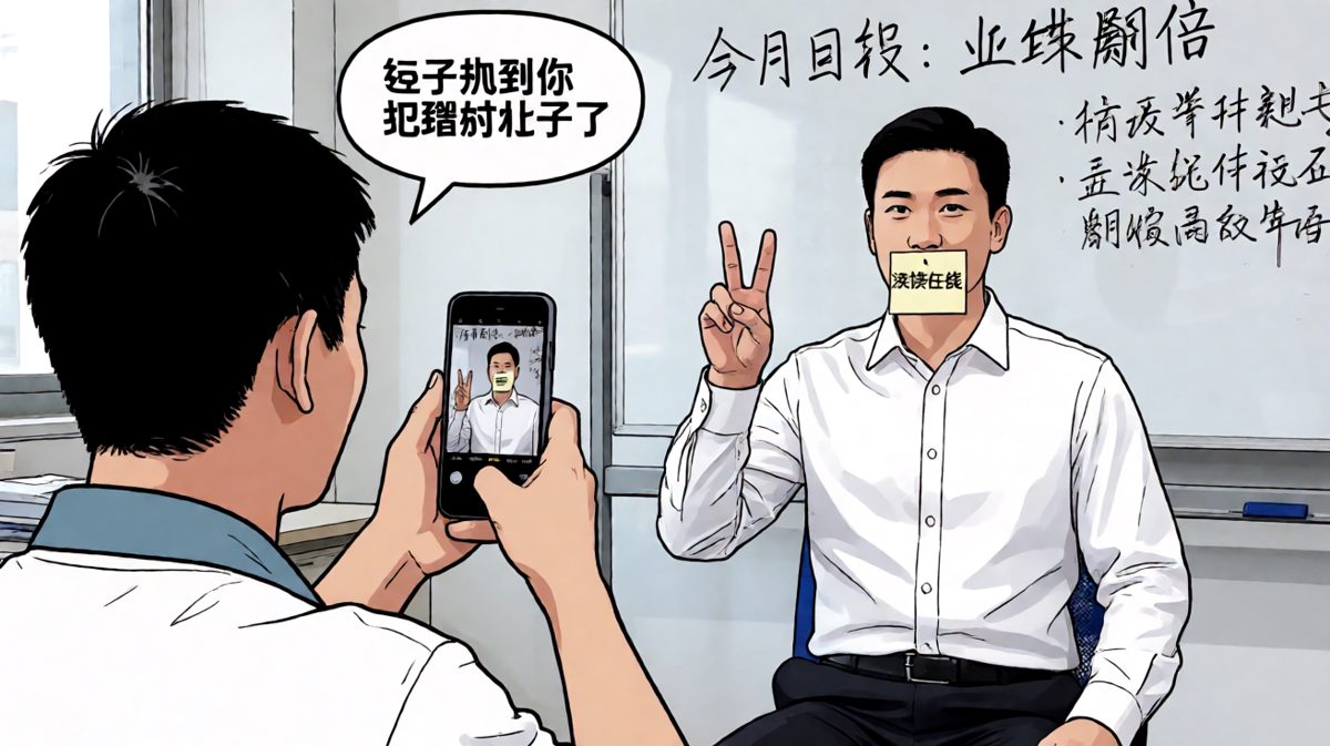 员工：'老板，公司要求拍工作照留念。'老板瞬间进入状态。员工内心：'你刚刚说加班是福报的时候，怎么没想过留念？'