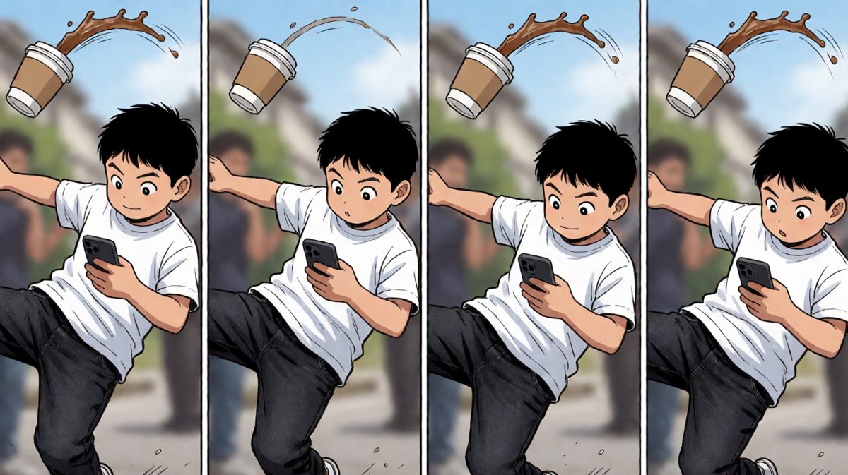 一低头看手机，踩到香蕉皮，咖啡直接泼身上！