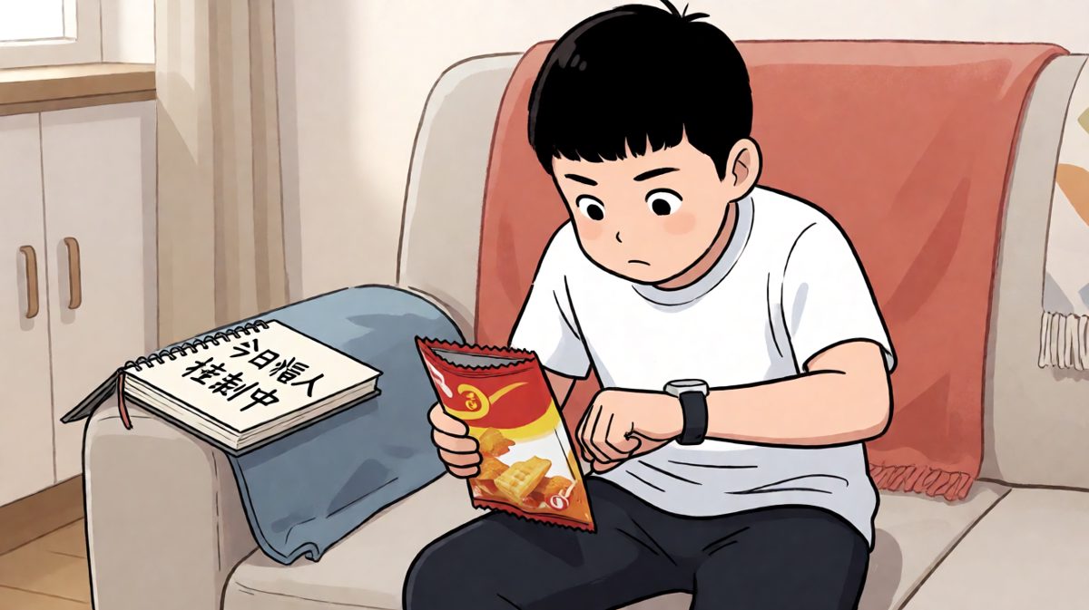 小明开始严格执行'健康零食计划'，一本正经地吃起来。