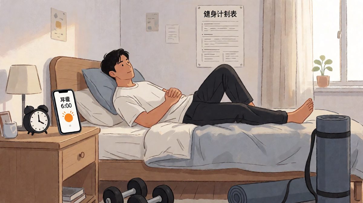 主角下定决心早起健身，设好闹钟准备大干一场。