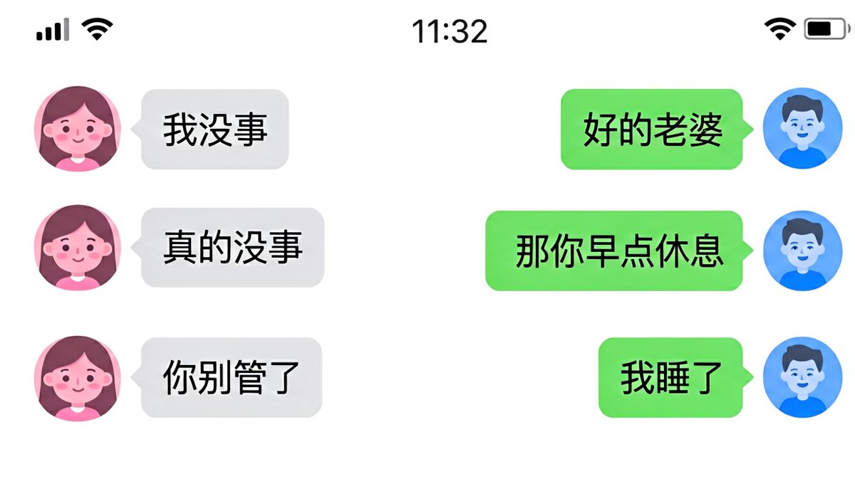 她说'我没事'，他秒回'好的'——三小时后他收到了分手短信。