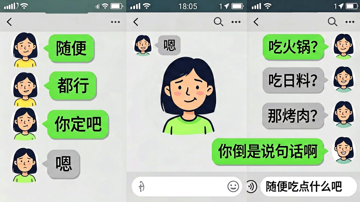 从火锅到日料到烤肉，她只回了三个字——'随便吧你'。