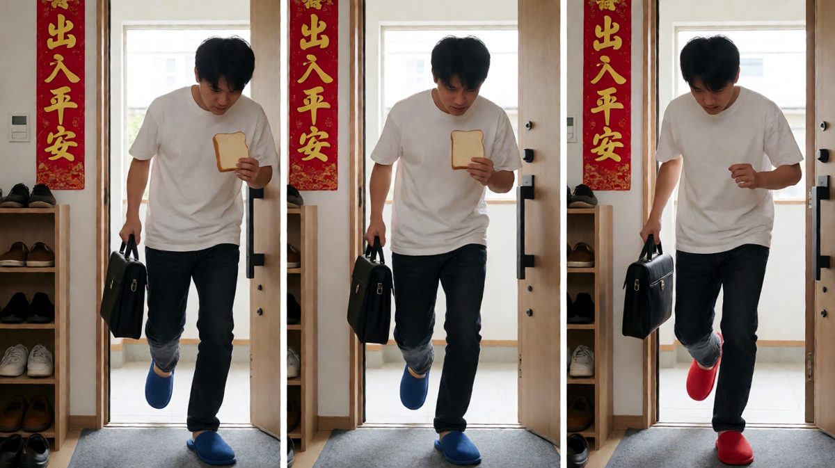 冲出家门才发现拖鞋穿反了，社死现场。