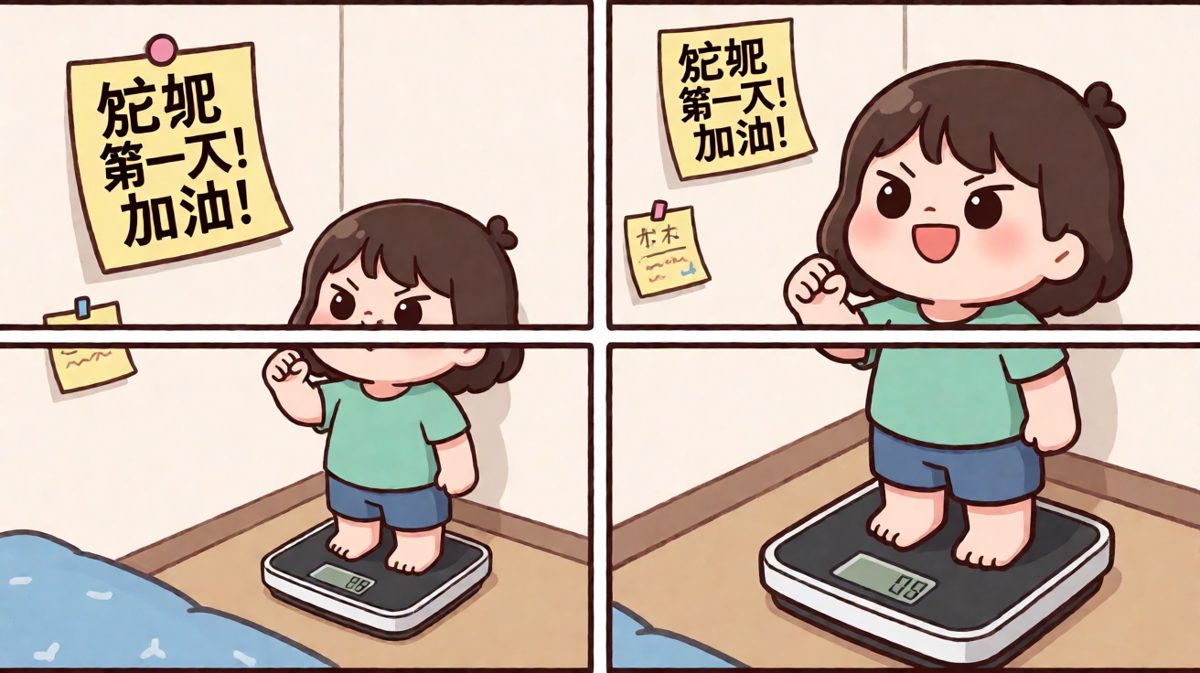 主人公站在体重秤前，信誓旦旦开启减肥计划。