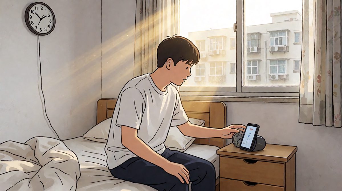 第一格：闹钟响起，主角愤怒拍停