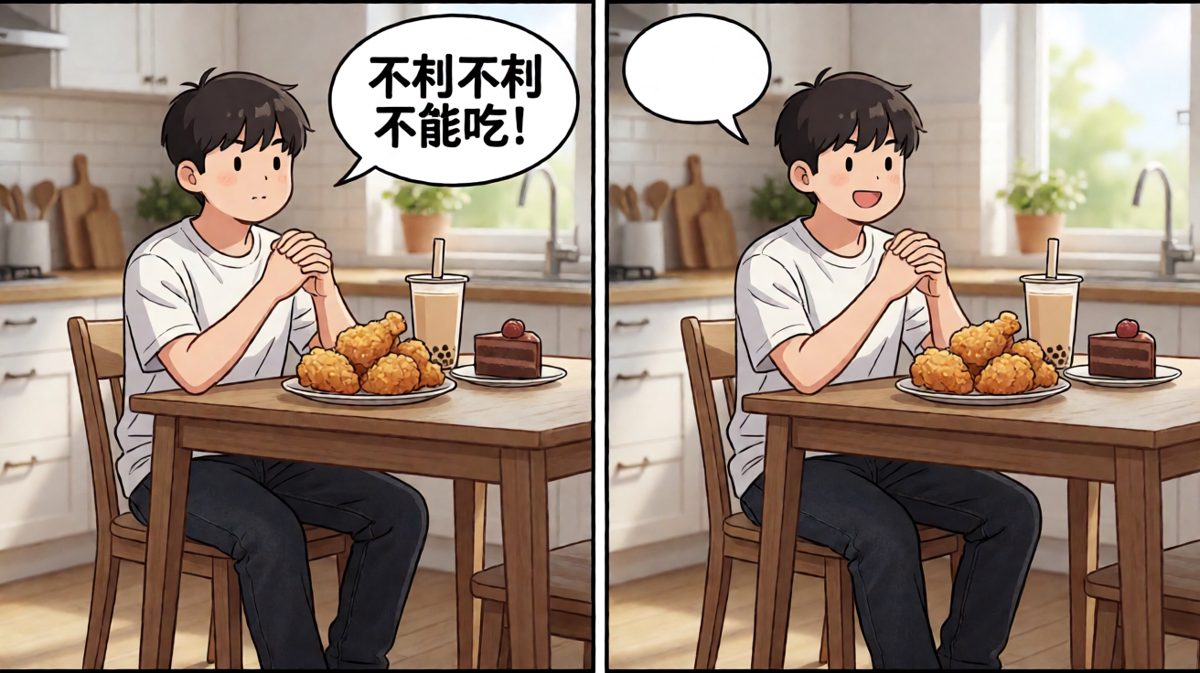 面对美食诱惑，艰难抵抗。