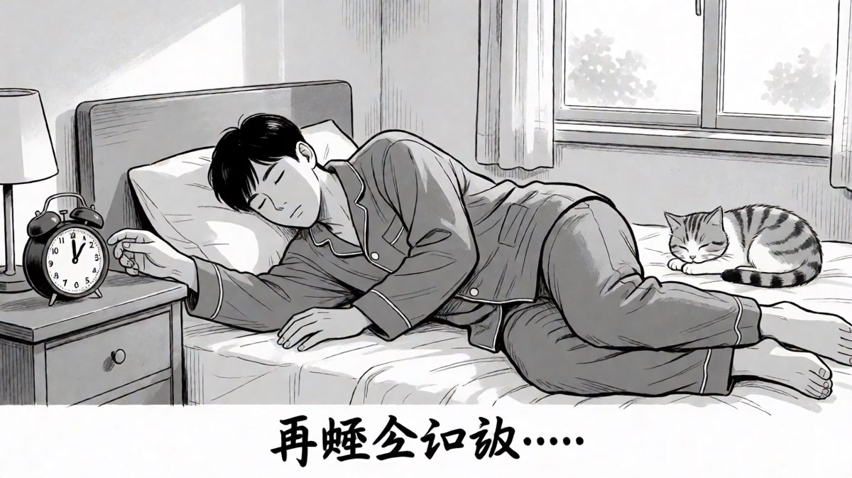 闹钟响了，但主角选择了关掉继续睡。