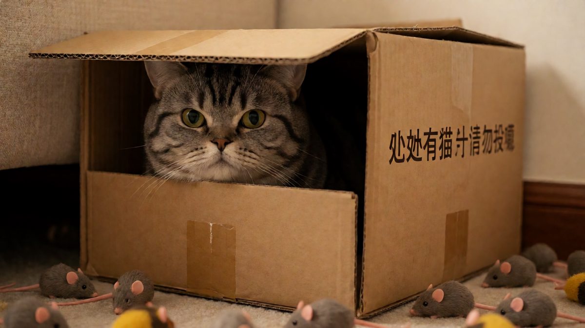 猫咪躲纸箱里观察人类的一举一动。