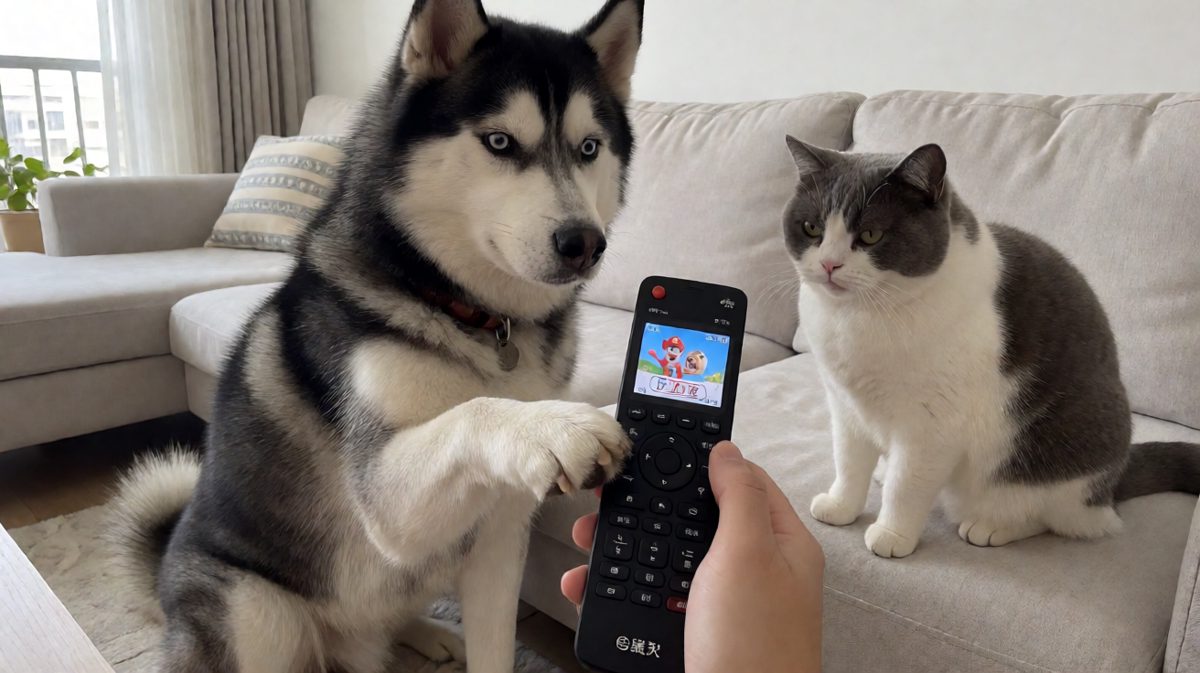 狗狗为了看动画片而努力按遥控器。