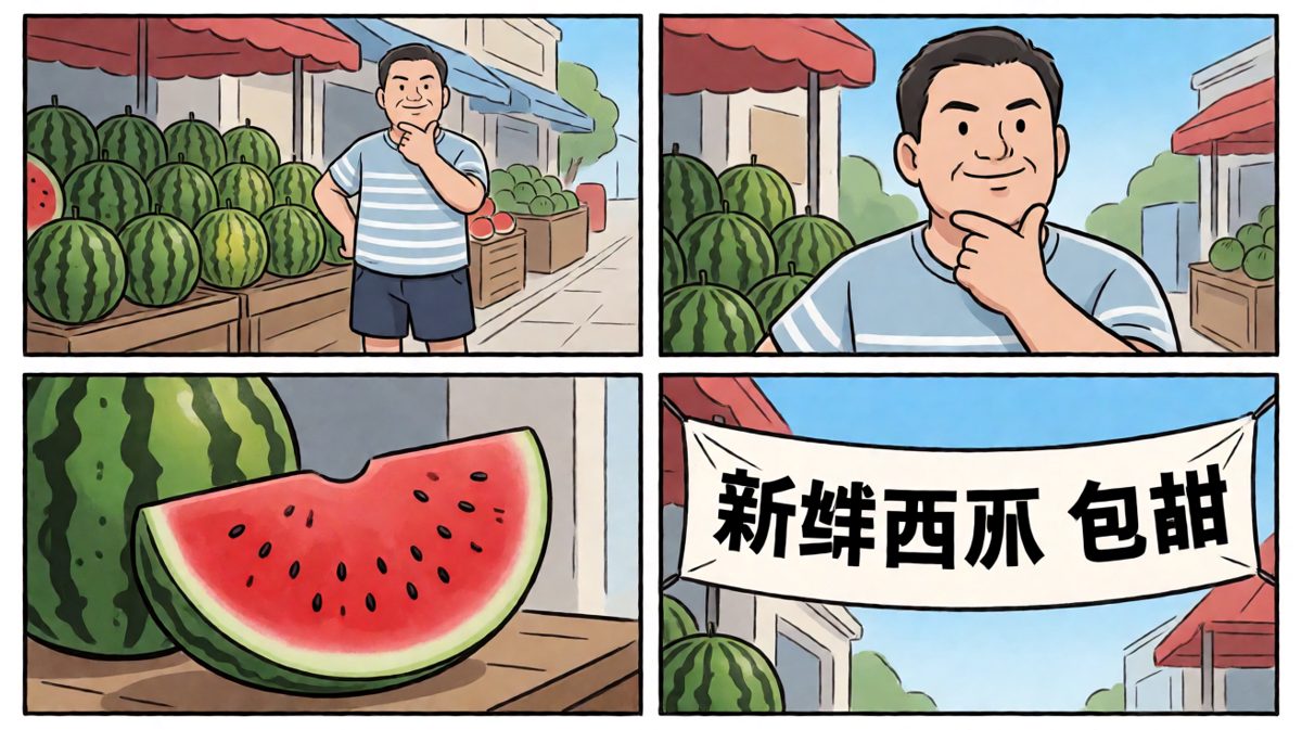 大叔路过西瓜摊，拍着胸脯说：'这瓜我包了！'