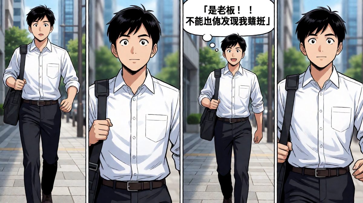 主角远远撞见老板，决定开启社死模式——假装没看见。