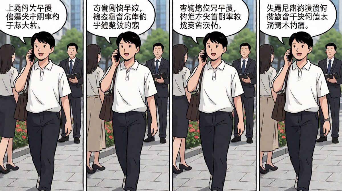 主角开始表演：举手机假装通话，还故意绕路，演技浮夸到路人都在看。