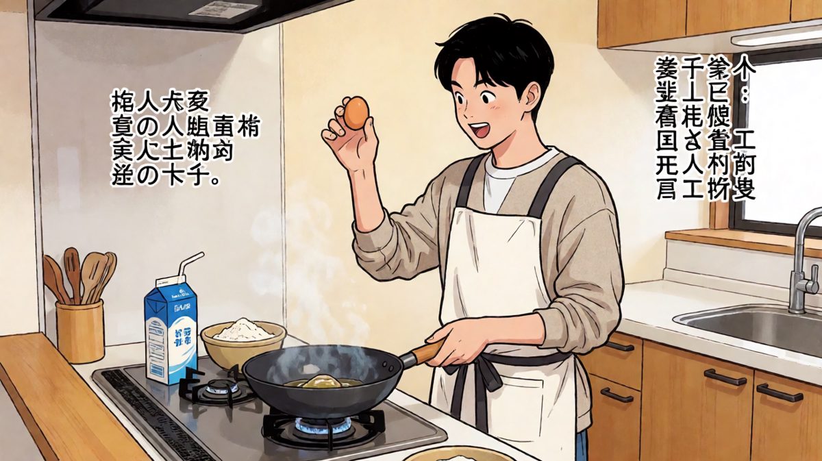 第1格：信心爆棚的开场，主角准备大展身手煎蛋。