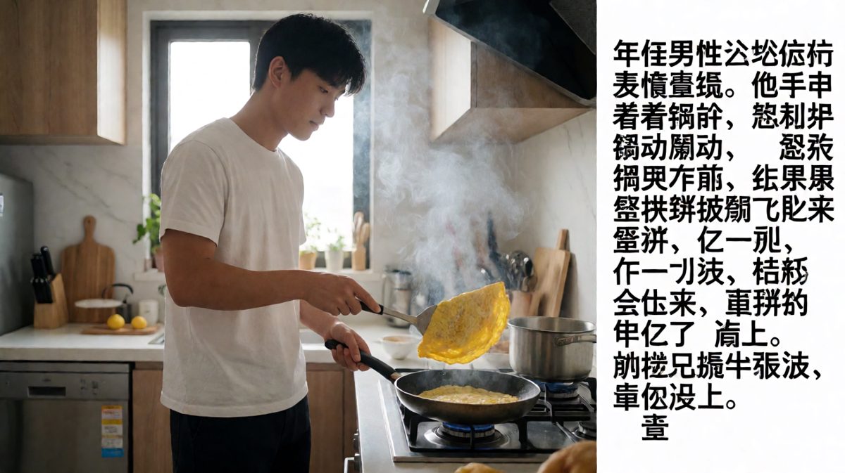 第3格：翻面翻到了自己脸上，蛋饼反客为主。