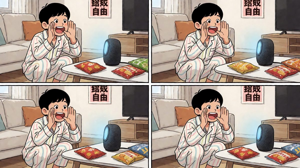 第一格：主人对着智能音箱激情喊话："小智小智！帮我点一份红烧肉外卖！"
