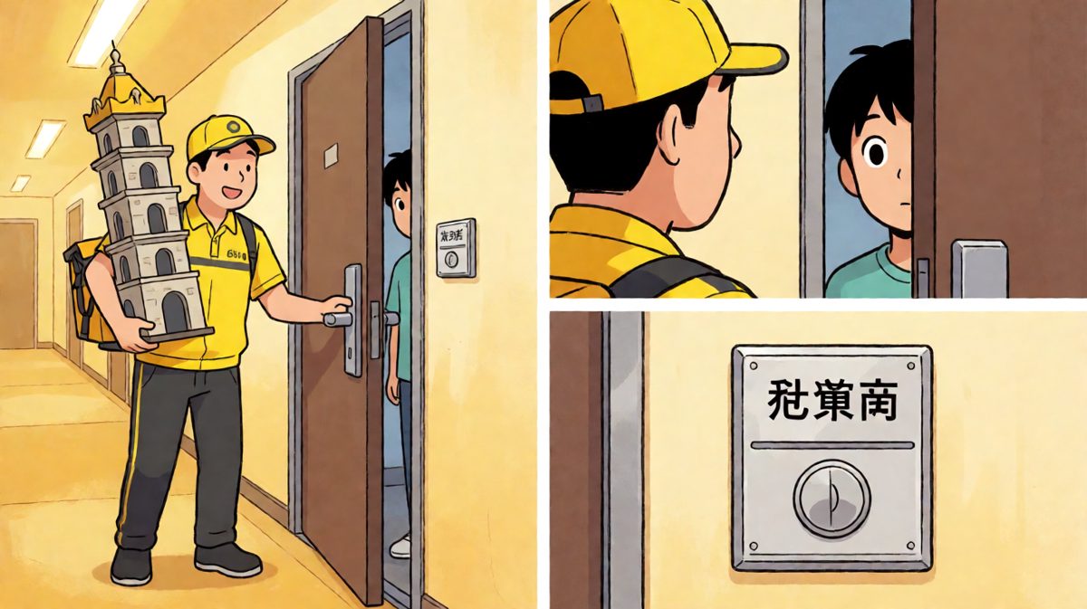 第三格：外卖到了，但送来的是一堆完全搞混的乱码菜品，小哥自己都傻眼了。