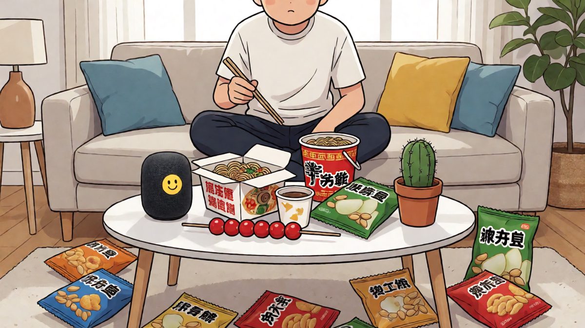 第四格：面对满桌乱点来的奇葩外卖，主人生无可恋，音箱却在角落幸灾乐祸地微笑。