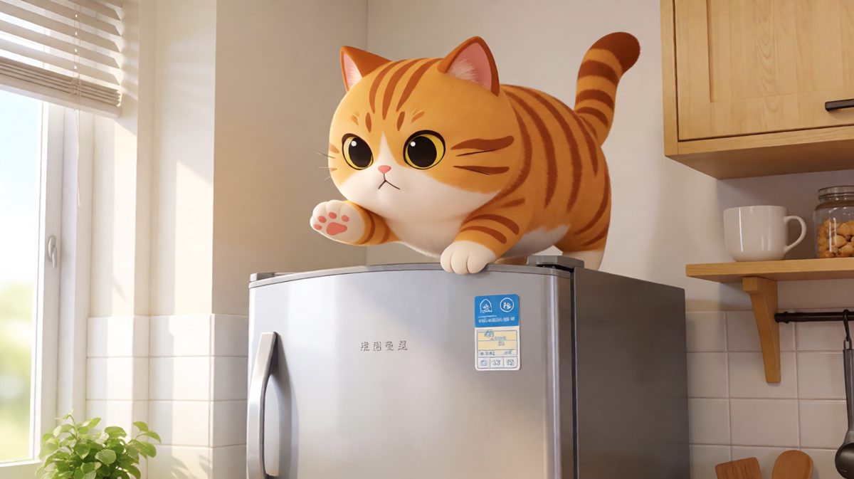 橘猫以为拍冰箱就能变出小鱼干，可惜它不知道冰箱需要电