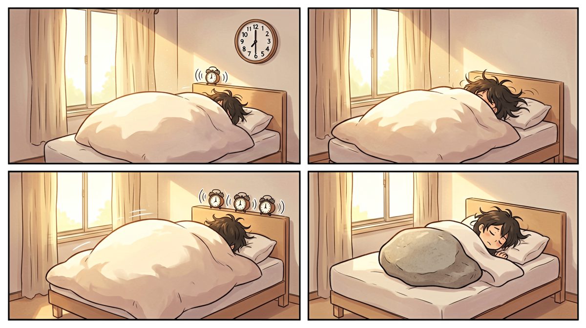 第一个闹钟响起——无动于衷，继续睡。