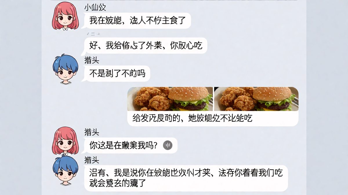 女生减肥男生点外卖还买两份，最后用'让她看着吃就是赢了'反向安慰，逻辑满分。