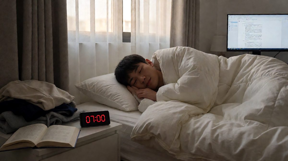 闹钟响了，主角按掉继续睡。