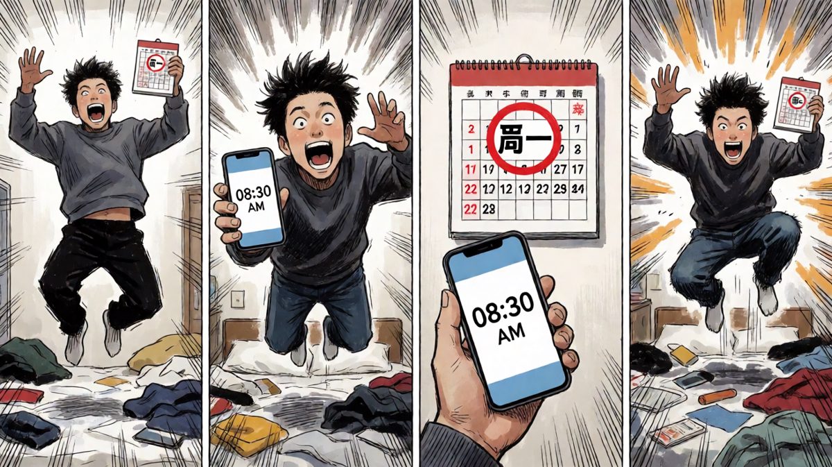 第三格：惊醒一看，迟到了！