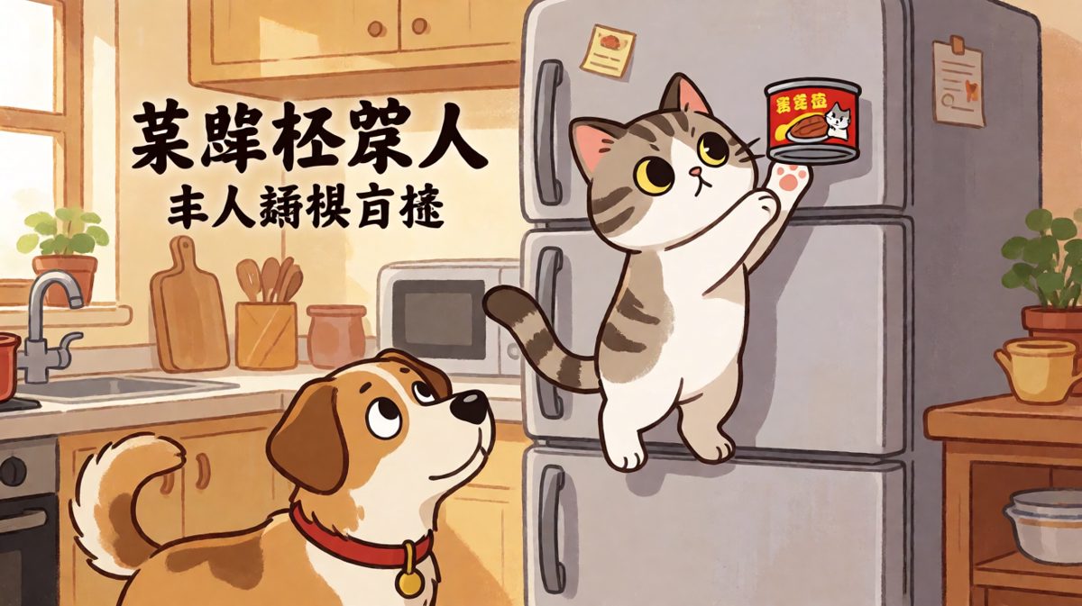 猫咪偷吃现场，狗狗眼巴巴看着